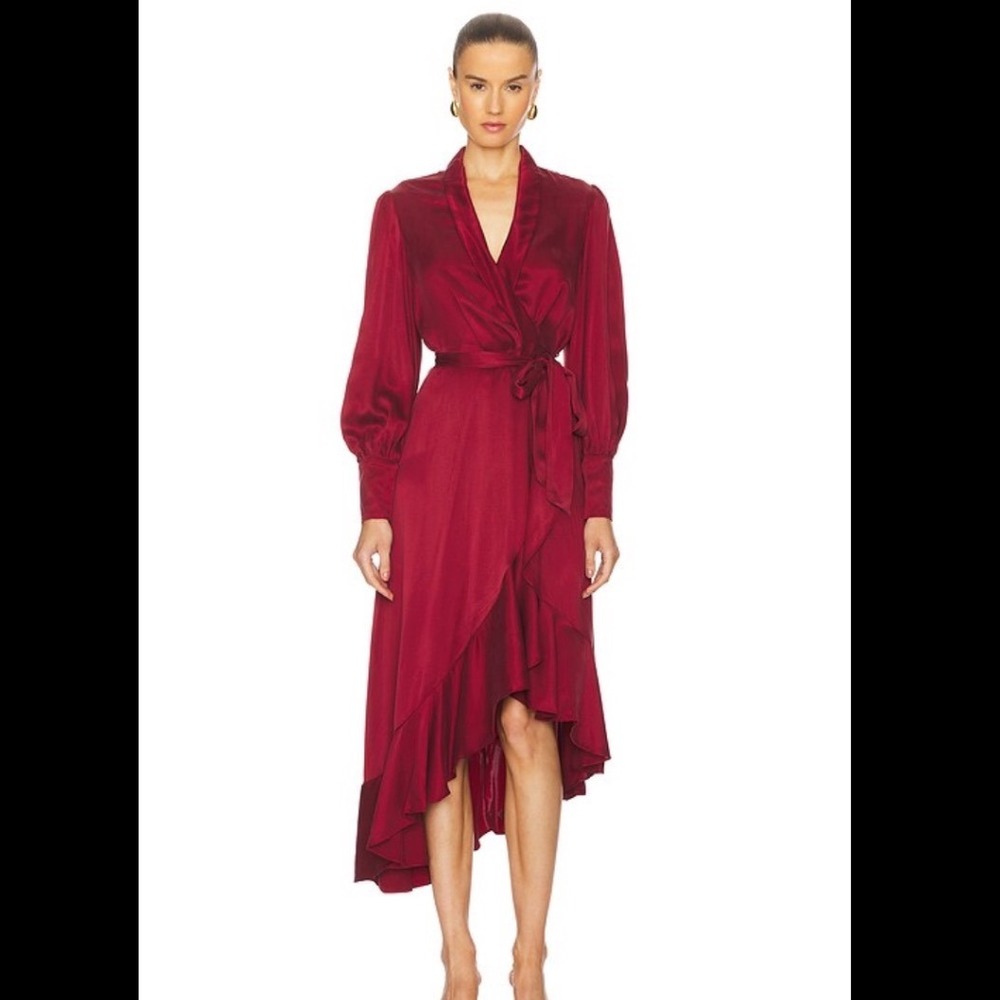 Zimmermann Silk Wrap Midi Dress Burgundy Ruffle Hem Long Sleeve Size 2